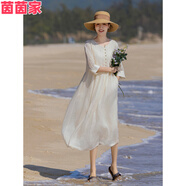 漢卿中夏2025夏夏新品高端苧麻刺繡連衣裙文藝寬松七分袖圓領(lǐng)溫柔高腰長裙 西笑吟(淺杏) M (碼數(shù)偏大)