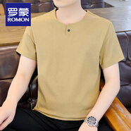 羅蒙（ROMON）棉麻短袖T恤男士夏裝新款國潮純色速干薄t男裝夏天一?？郯胄浜股?6529卡其色 3XL 150-170斤