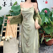 FHHUABD大碼胖mm禪意新中式國風(fēng)碎花掛脖吊帶連衣裙開衫女改良顯瘦兩件套 竹霧森林-掛脖吊帶裙 S 均碼