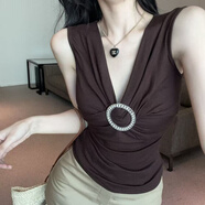 冉藝嵐同款古著鑲鉆圓環(huán)褶皺v領(lǐng)背心夏季新款美式復(fù)古棕色顯瘦內(nèi)搭無袖 棕色 (5570現(xiàn)貨速發(fā)) S