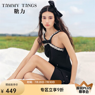 糖力【商場同款】掛脖小黑裙輕禮服女珍珠亮片點綴無袖露肩連衣裙 黑色 L
