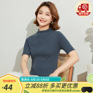 金菊含羊毛多色可選早春新款細坑條特價打底毛衣半高領短袖女式針織衫 藍灰 L
