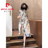 皮爾卡丹（PIERRE CARDIN）復古碎花亞麻洋裝女2025夏季法式設計感小眾寬松拼接V領(lǐng)中長(cháng)裙 圖片色:(少量現貨) M :【建議85-100斤】