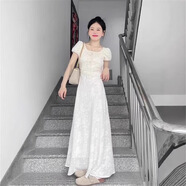 素織錦法式白色連衣裙女2025夏季設(shè)計(jì)感領(lǐng)證小白裙子新中式長(zhǎng)裙仙女裙 法式杏色溫柔風(fēng)泡泡袖 均碼 推薦體重【80-120斤】