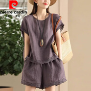 皮爾卡丹（pierre cardin）棉麻休閑套裝女夏季新款時(shí)尚寬松t恤休閑闊腿短褲純色兩件套 紫色 套裝 M 建議：80-100斤