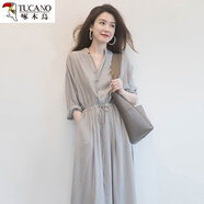 啄木鳥(niǎo)一線(xiàn)品牌女士裝2025年新款春秋v領(lǐng)歐貨款長(cháng)袖襯衫連衣裙子長(cháng)裙 灰色連衣裙《歐洲站連衣裙長(cháng)款夏 S (斤以?xún)?