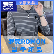 羅蒙（ROMON）條紋t恤男圓領(lǐng)2025春秋季新款潮流棉質(zhì)男士條紋打底衫體恤V 灰色 WE9507 S 165 (90~105斤)