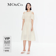 MO&Co.露肩露背系帶泡泡袖連衣裙法式氣質(zhì)小眾休閑裙子 米杏色 S 160