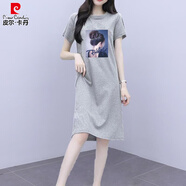 皮爾卡丹過膝氣質(zhì)連衣裙2025夏季胖mm韓版短袖T恤寬松顯瘦女士休閑中長裙 灰色【疊發(fā)女神圖案】 M 建議96-110斤