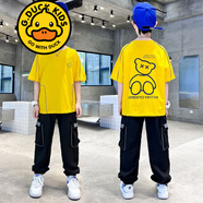 G.DUCKKIDS品牌童裝男童夏季套裝中大童男孩夏裝痞帥兒童短袖t恤運(yùn)動(dòng)長(zhǎng)褲 反光小熊套裝 黃色 140
