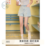 紫涵（ZIHAN）紫涵做舊卷邊刺繡牛仔短褲女2025年夏季新款松緊高腰藍色休閑熱褲 牛仔藍 S