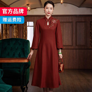璽玥2025秋冬新款中國(guó)風(fēng)原創(chuàng)羊毛呢刺繡復(fù)古改良中式連衣裙新年 橘紅色 M (體重95~105)