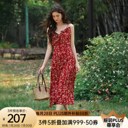 Olrain歐芮兒吊帶碎花連衣裙夏季女裝浪漫優(yōu)雅長裙子度假沙灘裙 紅色印花 M