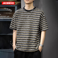 JASONWOOD男士短袖T恤夏季寬松簡約透氣休閑上衣新款簡約潮流條紋圓領衣服 2685黑色 XL