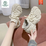 啄木鳥(niǎo)情侶款襪子鞋女2025夏季透氣男女同款厚底飛織運動(dòng)休閑鞋跑步鞋潮 米白色 35 女款 偏小一碼