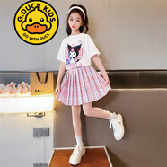 G.DUCKKIDS品牌童裝女童套裝夏季套裙兒童夏裝短袖T恤半身裙子兩件套中大童 K20 粉色 120