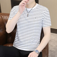慈良冰絲條紋夏季潮流男裝圓領(lǐng)新款短袖T恤男半袖修身速干上衣服 白色 2XL (140斤-155斤)