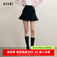 AIVEI欣賀艾薇2024冬季清新甜美A字顯瘦黑色荷葉邊短裙R754501A 黑色 S