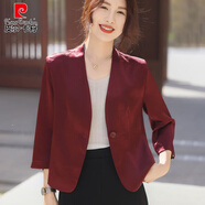 皮爾卡丹（pierre cardin）配旗袍裙子小西裝上衣外搭女短款春秋款時尚醋酸七分袖西服外套女 酒紅色醋酸絲光緞面外套 M 90-110斤
