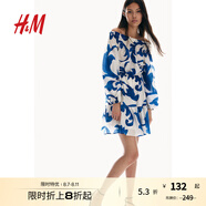 H&M女士花卉連衣裙秋季一字領露肩燈籠袖長袖寬松連身裙1238328 白色/藍色圖案 160/88 S