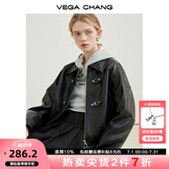 VEGA CHANG機車風皮衣女春秋季2025年韓版bf風一字扣PU皮夾克短外套 黑色 L