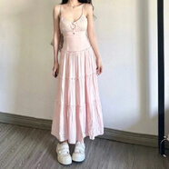 皮爾卡丹海邊度假風沙灘吊帶裙連衣裙女夏季新款溫柔系仙女裙粉色中長裙子 粉色#6133 S