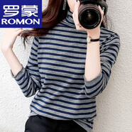 羅蒙（ROMON）100%純棉高領(lǐng)毛衣女士秋冬條紋堆堆領(lǐng)上衣內搭加厚打底衫百搭女裝 高檔品牌灰色 XL