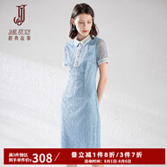 經(jīng)典故事經(jīng)典故事夏新款時(shí)尚翻領(lǐng)氣質(zhì)一步裙刺繡蕾絲中長裙修身短袖連衣裙 M03 藍(lán)色 M
