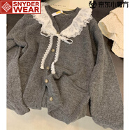 SNYDER WEAR娃娃領(lǐng)毛衣女春秋慵懶可愛甜美蕾絲V領(lǐng)針織開衫外套日系溫柔上衣 灰色zt M 建議95-110斤