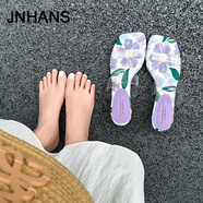 金韓沙外穿露趾涼拖鞋女2025新款一腳蹬涼鞋軟底花朵配裙子高跟鞋細跟 紫色 36