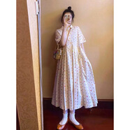大碼日系森女波點(diǎn)襯衫連衣裙女裝夏季棉麻印花時(shí)尚顯瘦百搭中長(cháng)裙 M【建議95-110斤】 均碼 圖片色