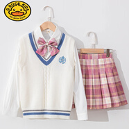 G.DUCKKIDS女童JK制服馬甲秋冬童裝套裝兒童學院風學生百褶裙子校服毛衣格裙 尖領(lǐng)襯衫+櫻花格裙+領(lǐng)花 90 cm