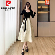 皮爾卡丹（pierre cardin）高級設計感法式時(shí)尚氣質(zhì)蝴蝶結長(cháng)袖提花金絲絨連衣裙黑色晚禮服女 黑色原版 XL