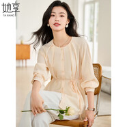 她享長(zhǎng)袖襯衫女簡(jiǎn)約圓領(lǐng)系帶收腰小衫上衣法式優(yōu)雅襯衫女 T141C2663