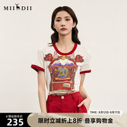 謎底圓領(lǐng)印花T恤女夏季新品復(fù)古特色撞色修身上衣242MT0585 淺卡其 S