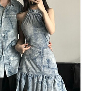 奧圣蔻扎染牛仔襯衫連衣裙 情侶裝新款夏季掛脖露肩仙女短裙純欲辣妹潮 女連衣裙版 S 版