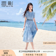香影藍(lán)色泡泡袖連衣裙女2025夏季新款法式超好看風(fēng)琴褶正肩高腰裙 藍(lán)色 S