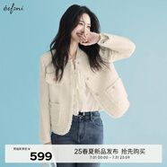 伊芙麗（eifini）伊芙麗手工拉毛小香風(fēng)設(shè)計(jì)感格子亮絲花呢外套女2025春季新款 米白 S 80-105斤
