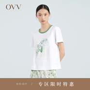 OVV2023春夏新款女裝廓形修身柔軟輕薄羅紋撞色抽象印花短袖T恤 中綠花紋08 S