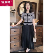 恒源祥（HYX）短袖褶連衣裙女小香風(fēng)長款彈力顯瘦百褶裙時尚氣質(zhì)減齡夏季新款 黑色 M