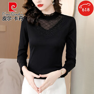 皮爾卡丹（pierre cardin）洋氣蕾絲黑色打底衫女春秋2025新款網(wǎng)紗長袖T恤秋冬內(nèi)搭保暖上衣 黑色 3XL 140-155斤