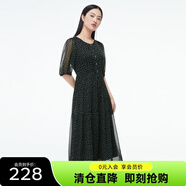 敦奴（DUNNU）【清倉(cāng)價(jià)】敦奴夏新款中長(zhǎng)款雪紡連衣裙圓領(lǐng)收腰印花裙 正黑色 M