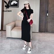 花花公子（PLAYBOY）連衣裙女夏季短袖氣質(zhì)2025新款收腰長(zhǎng)裙灰色休閑裙開叉包臀t恤裙 黑色 商場(chǎng)品質(zhì)卡碼拍大 S 155/80A  建議83-93斤