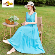 初徑法式感連衣裙女夏季新款寬松大碼超長(cháng)款棉綢碎花背心裙子 清新藍 XL 95到118斤
