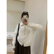 PMWRUN韓系翻領(lǐng)系帶小清新針織毛衣女2025春季新款時(shí)尚甜美淑女針織開衫 白色 均碼