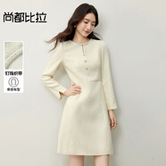 尚都比拉立裁收腰小香風(fēng)連衣裙女秋季釘珠織帶鏤空A字裙圓領(lǐng)九分袖中短裙