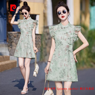 皮爾卡丹（pierre cardin）新中式國風套裝女2025夏季新款復古盤扣小個子改良旗袍短褲兩件套 綠色 S 【建議95斤內(nèi) 高品質(zhì)】