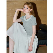 庫恩瑪維（KUHNMARVIN）款純欲風(fēng)蕾絲花邊圓領(lǐng)短袖T恤女2025年夏季新款純棉上衣K36692 淺花灰色 S