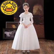 G.DUCKKIDS兒童禮服公主裙春夏花童婚紗鋼琴演出洋氣女童蓬蓬裙小女孩連衣裙 白色長(cháng)袖長(cháng)款訂閱贈皇冠 140cm