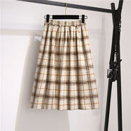 BMOI日系奶茶格子半身裙秋冬女中長(cháng)款小個(gè)子溫柔少女古著(zhù)感毛呢半身裙 奶茶杏 S